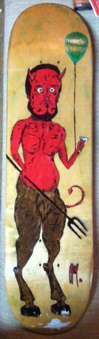 Poor lil guy! RT @Ryansmashing: Another skateboard deck I painted "Sad Satan" Poor guy, he's lost his<a href="/tag/truth"class="tags"><span>#truth</span></a>