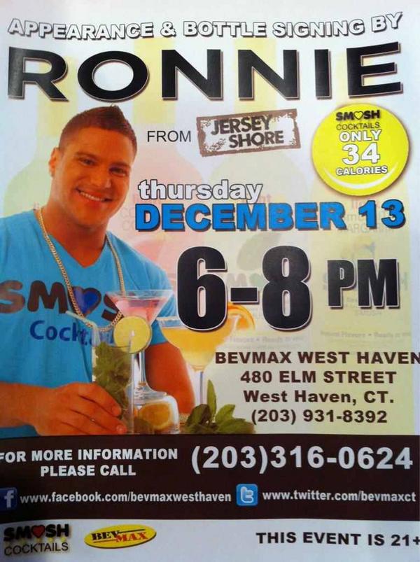RealRonnieMagro's tweet photo. Thanks to everyone who showed up tonight for @Smush_Cocktails signing tonight @BevMaxCT !!! Thursday West haven #BevMax http://t.co/5MnxXTIQ