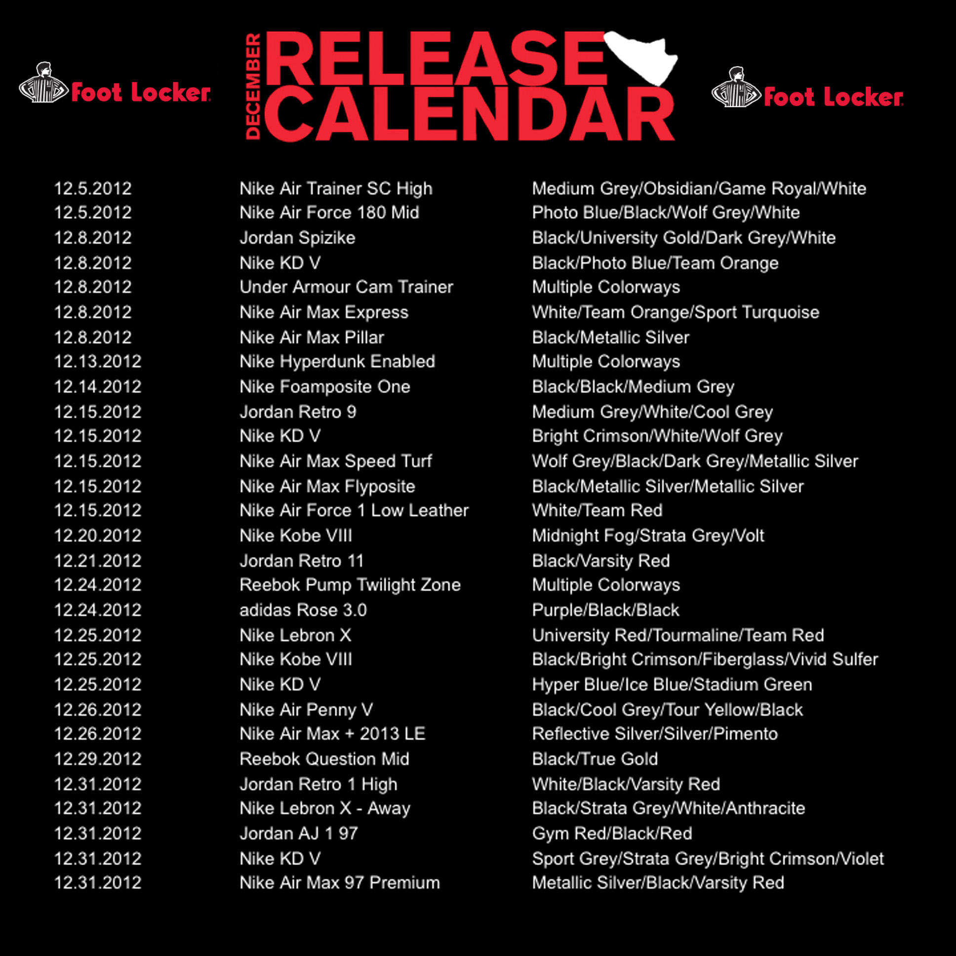 Foot Locker en Twitter: "Check out December Release Calendar. What you be picking up this month? #sneakers #approved http://t.co/hmiFQ3Wp" / Twitter