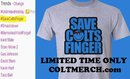 ColtCabana's tweet photo. #SAVECOLTSFINGER ..... THE TSHIRT!!! Help support this recockulous cause over at http://t.co/DAfQXfTE http://t.co/SJvKy41N