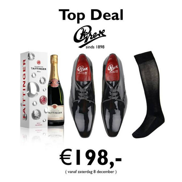 Topdeal van Greve &amp; Boots Shoes! Mooie lakschoenen, sokken en Champagne voor € 198,- in een mooie kadoverpakking