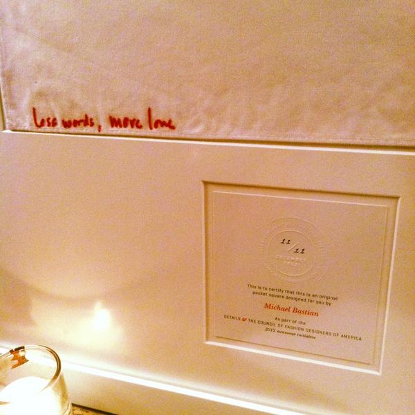 CFDA's tweet photo. The wise words of @mbastiannyc "less words, more love" @DETAILS x @CFDA menswear event #pocketsquares http://t.co/lMqKnN0m