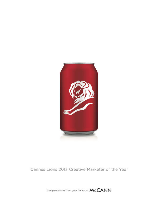 Cannes_Lions's tweet photo. Congratulations from @McCann_WW to @CocaColaCo for their 2013 Creative Marketer of the Year win #CannesLions http://t.co/GF2xdki0