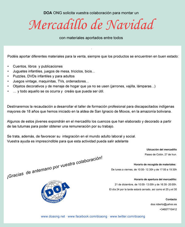 DOAong's tweet photo. Participa en nuestro #Mercadillo #Solidario de #Navidad, en Irun, a partir del 21 de diciembre http://t.co/SQmaXToO