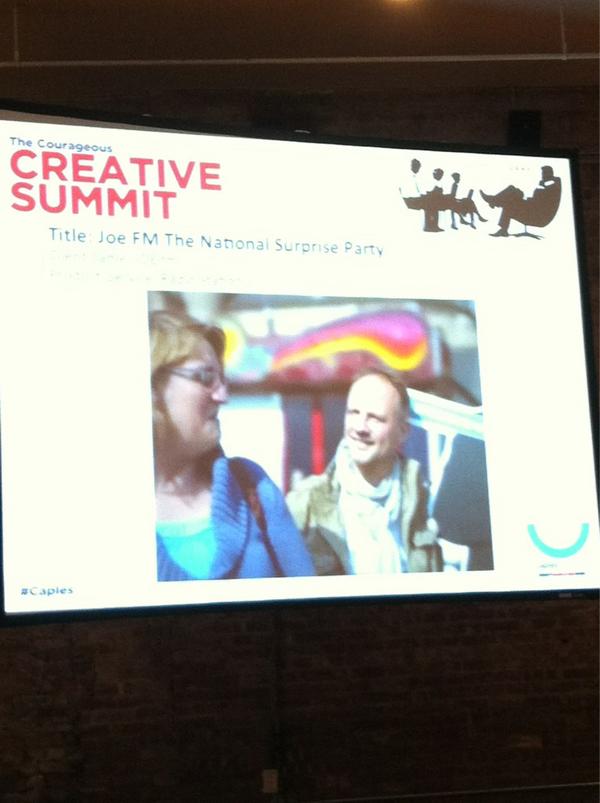 dponcin's tweet image. Belgian case "JOE FM national surprise party" used onstage as example of courageous campaign #caples #bpost