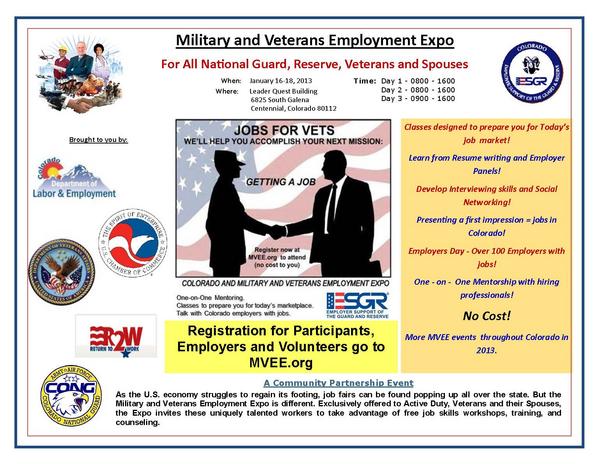 1/16-1/18 @CO_ESGR participates in Military and Veterans Employment Expo. Volunteers are needed. See flyer for details: