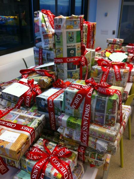 Wrapports's tweet image. Stacks of gifts for children through the Sun-Times Letters to Santa program. Thanks to @SunTimes readers and employees!