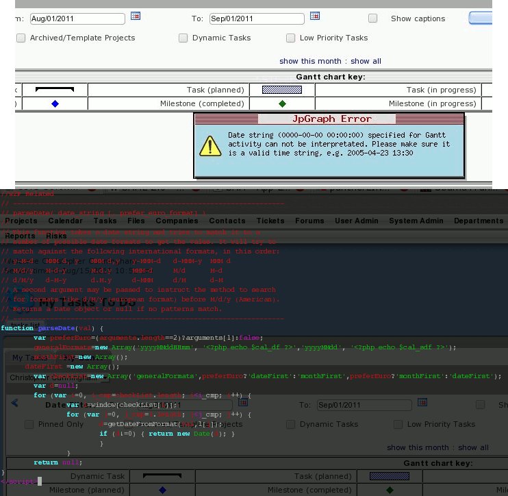 devnuhl's tweet image. #web2project screencaps may be unrelated. bug in js/calendar.php? Front end error @ tasks/todo/gantt. Date valid format