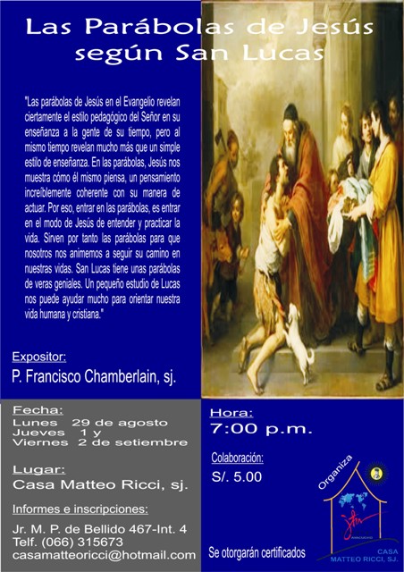 CLAyacucho's tweet photo. Lunes 29 de agosto, 1 y 2 de setiembre a las 7:00 p.m. Curso-Taller: Parábolas de Jesús según San Lucas, los esperamos! http://t.co/cPzymSB