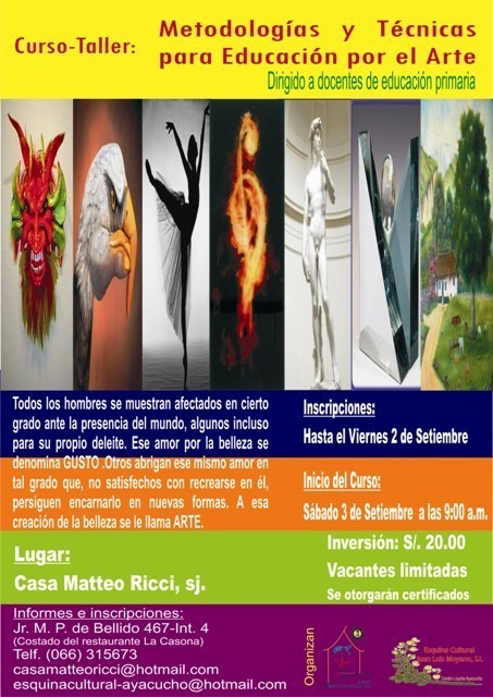 CLAyacucho's tweet photo. En setiembre en la Casa Ricci, sj. se dictará el Curso-Taller: Metodologías y Técnicas para Educación por el Arte http://t.co/IEnJWzn