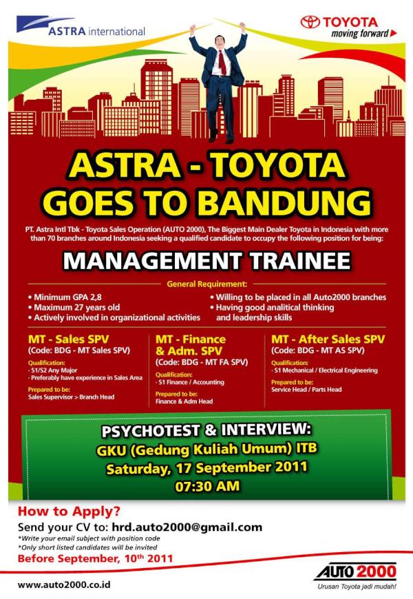 Dear FreshGrad! ASTRA-Toyota Goes to Bandung! we're looking for MT. <a href="/FollowBandung/">Media Jawa Barat</a> Send your CV: hrd.auto2000@gmail.com
