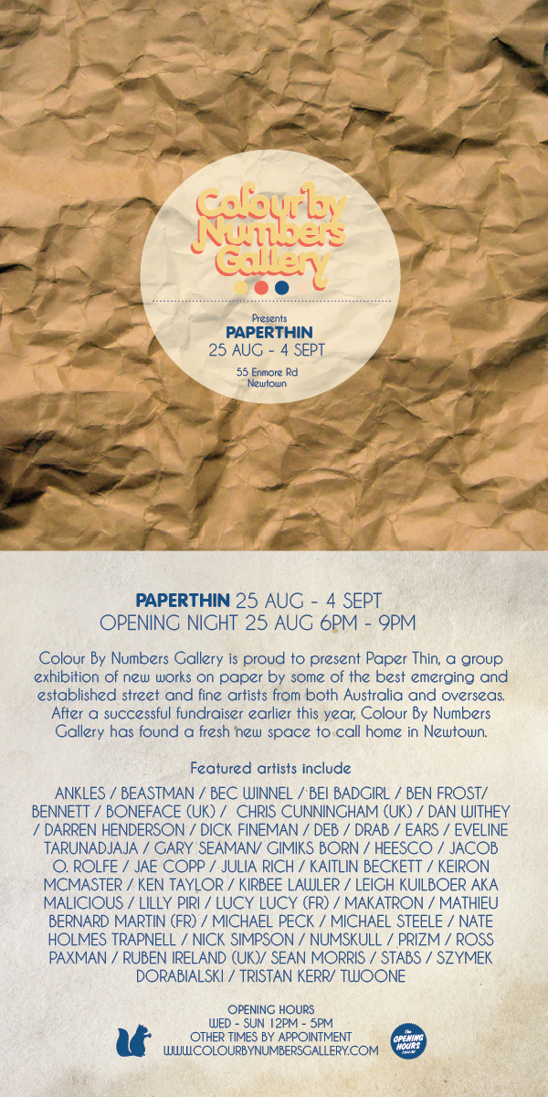 cbngallery's tweet photo. This Thurs 25 Aug, Colour By Numbers Gallery finally launches with a nice and juicy group exhibition Paper Thin - come! http://t.co/MTBPZBG