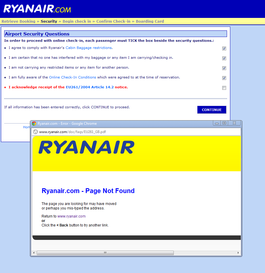 Moral Dilemma: Lie to the #ryanair security questionnaire? Link to EU261 is broken. Can I acknowledge receipt?