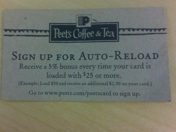 BradyMcCollum's tweet photo. @Peets_Tweets Disappointed with the new policy. A free drink was such a better way to reward customers for spending $25 http://t.co/O3ux4CL