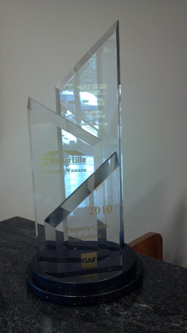 ClaimWhatsYours's tweet photo. PCS wins 2010 GAF Master Elite Excellence Award for customer service, training excellence, and installation excellence. http://t.co/VTQS7CD
