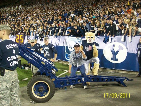 BYUtouchdowns's tweet image. Here is a picture of a Touchdown Club member ready to fire the ROTC cannon at the game vs. Utah