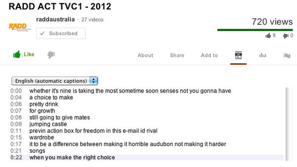 RADDAustralia's tweet image. The YouTube transcript of our ACT RADD message... not quite the message we were going for! #alittlebitoff #oops