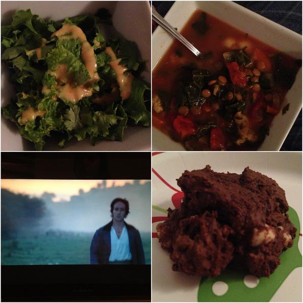 BritwhiteTIU's tweet photo. Salad, Moroccan Lentil soup from @eatingwell for din &amp; Mr. Darcy and my fav #cookieforone for dessert! #LoveYourBody http://t.co/iLRg9jzJ