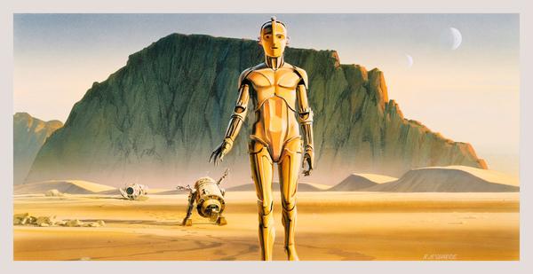 starwars's tweet image. In 1976 Star Wars concept artist Ralph McQuarrie completed the 1st painting, The Droids in the Desert #thisdayinhistory