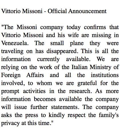 Missoni's tweet image. Vittorio Missoni - Official Announcement #findvittoriomissoni #Venezuela