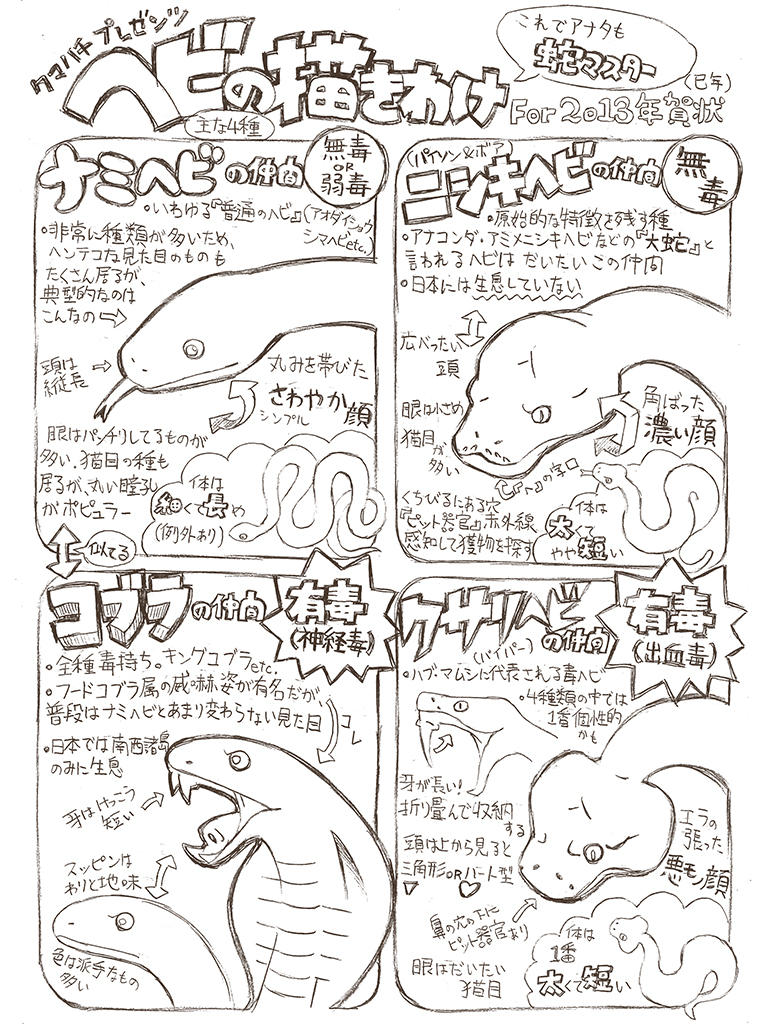 勝又クマハチ 昼間言ってた蛇イラストにおける ナミヘビ ニシキヘビ クサリヘビ コブラ の描き分け方 俺なりに図解してみました これを見とけば 今年の年賀状はレベルアップ間違いなし 多分 Http T Co Fo4quc 勝又クマハチ 昼間言ってた蛇イラストにおける ナミヘビ ニシキヘビ クサリヘビ コブラ の描き分け方 俺なりに図解してみました これを見とけば 今年の年賀状はレベルアップ間違いなし 多分 Http T Co Fo4quc