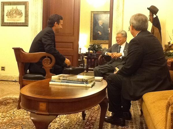 Sen. Akaka meets with Senator <a href="/brianschatz/">Brian Schatz</a> after his swearing in, in the Majority Leader's U.S. Capitol office