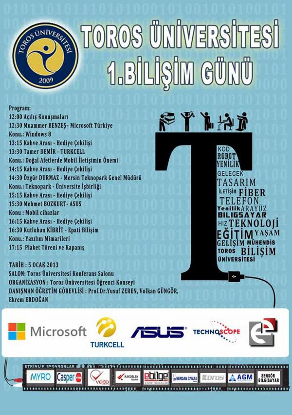 eBilge olarak sponsor kuruluşlar arasında yer aldığımız, Toros Üniversitesi 1. Bilişim Günü Etkinliği programı