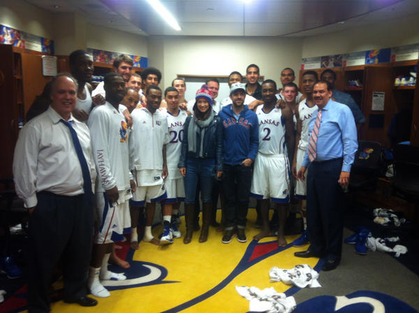 Jason Sudeikis and Olivia Wilde stopped by the KU locker room after the game #kubball