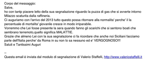 VStaffelli's tweet photo. A seguito della pubblicazione del problema della raffineria di Milazzo ho ricevuto questi auguri... Che ricambio... http://t.co/vYTIhEZz