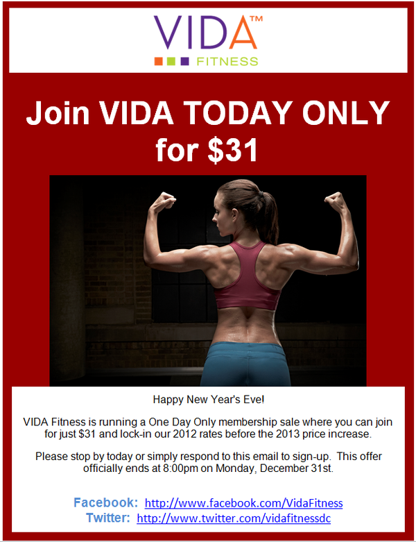 dccityvista's tweet photo. Start your New Year's Resolution early &amp; sign up for Vida Fitness today to lock in the 2012 rates! Available until 8pm. http://t.co/8cjdaU8E
