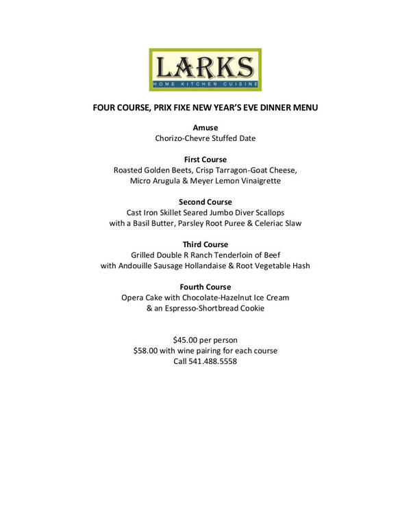 LarksRestaurant's tweet photo. Prix Fixe dinner menu only tonight! Happy New Year's Eve! http://t.co/Ka09KD6v