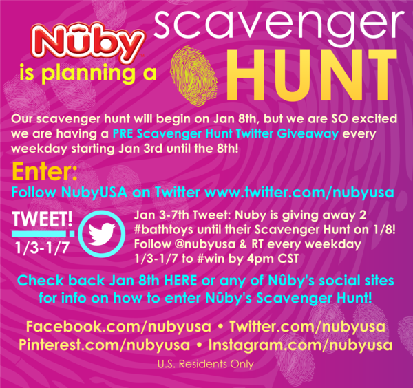 NubyUSA's tweet photo. We're giving away 2 #bathtoys every day until our Scavenger Hunt on 1/8! Follow us &amp; RT today to win! Jan 3 by 4pm CST http://t.co/R7Yb4L1c
