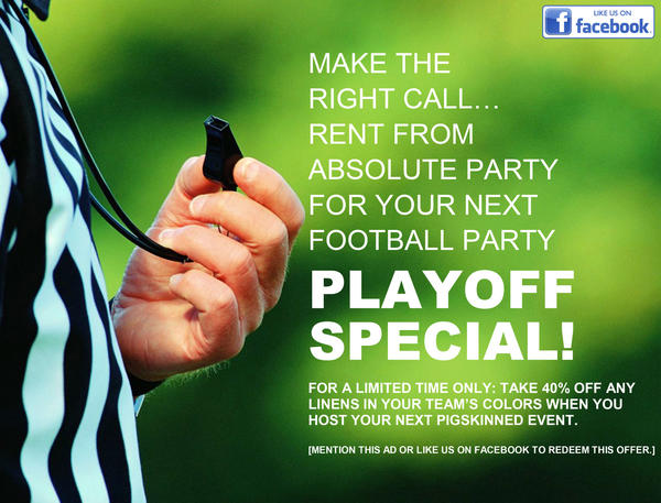 AbsoluteParty21's tweet image. Game on! Check out our specials to save on your next playoff party! Theme your next event with your team's colors!
