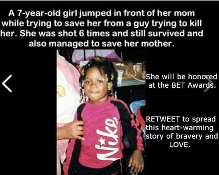 Dit 7-jarig meisje sprong voor haar moeder toen ze beschoten werd... #Retweet = Respect .