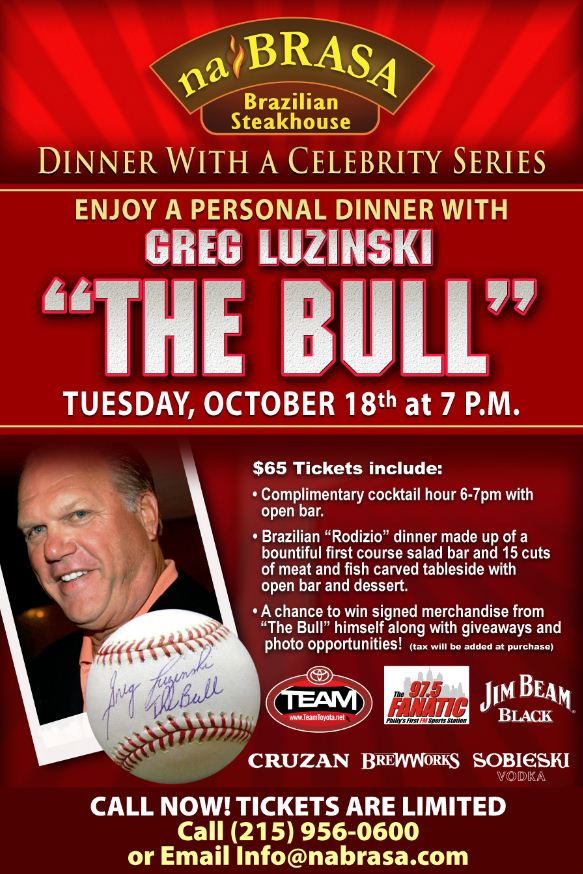 naBrasaSteak's tweet photo. Dinner with a Celebrity Series: Greg "the Bull" Luzinksi! Tickets on sale NOW and going fast! http://t.co/4qjEJjcb