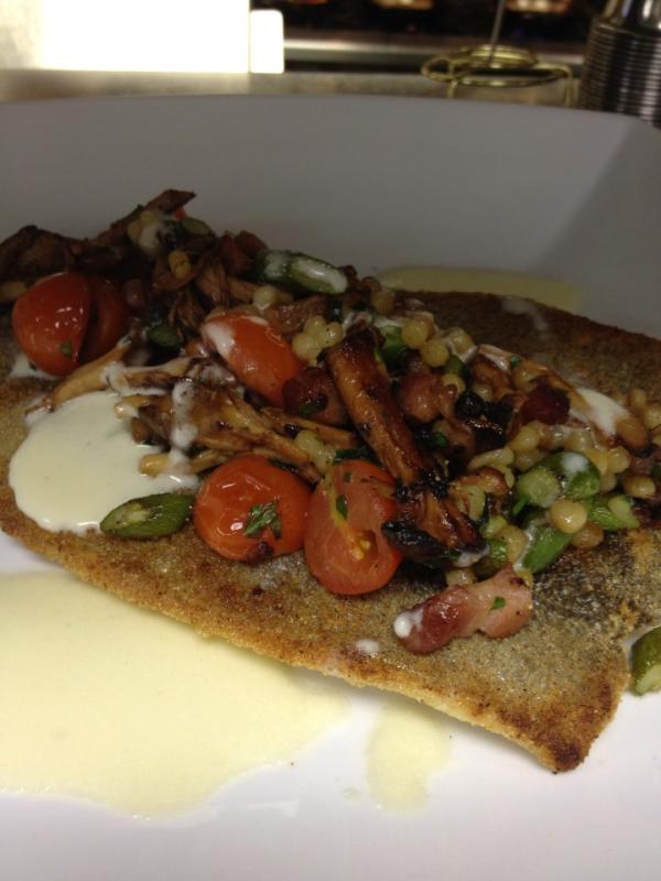 ChefBLT's tweet image. Rainbow trout/ fregola/chanterelle/bacon. Good stuff!!