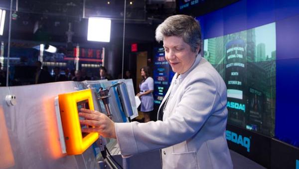 Photo from this mornings bell ringing at NASDAQ with Secretary Napolitano #NCSAM #Cybersecurity