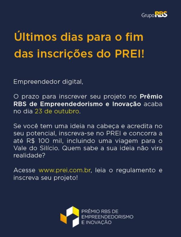 codefestcps's tweet image. Últimos dias para inscrição no Prêmio RBS de empreendedorismo. Ganhe R$100mil e uma viagem para o vale do silício.