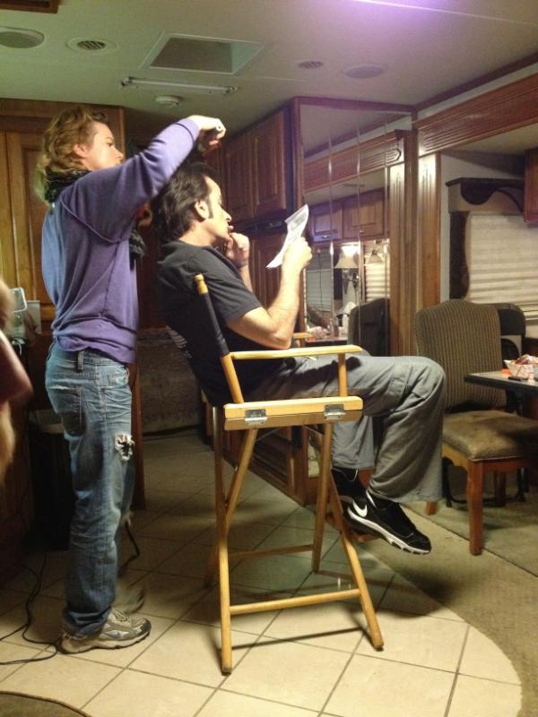 RickCalamaro's tweet photo. watching @charliesheen getting hair and makeup done in the trailer. gonna be a long night! what's everyone else doing? http://t.co/Kf0bKcZa