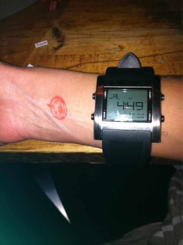 jeffletsloose's tweet photo. Got a SICK new watch AND a stamp that tells everyone I got into a bar. Life iz sweet http://t.co/FbhMS7zQ