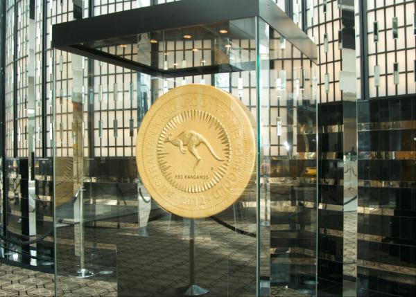 perthmint's tweet image. #1TonneGoldCoin gracing the foyer of Perth's intercontinental...open for viewing!