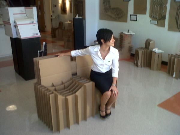 Rachel_Hodgdon's tweet image. Waiting for the green bus: recycled cardboard bench by student from A.W. Dreyfoos School of the Arts in FL #LearnGreen