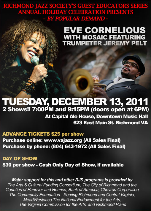richmondjazz's tweet photo. Tickets are selling fast for EVE CORNELIOUS & MOSAIC Feat. JEREMY PELT show on 12/13/2011. Visit http://t.co/fJWjS3zQ http://t.co/lHhnkwx2