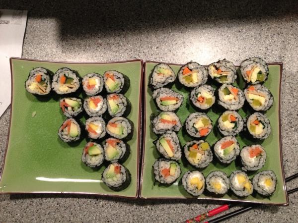KimCross's tweet photo. A sample of sushi by Jess and myself.  Fun and yummy! http://t.co/7PBpK3zk