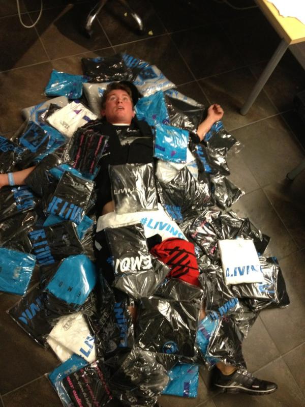 Consuul's tweet photo. Just finished producing the first line of The Living Apparel featured on The Real World. @MTVNate is buried in orders. http://t.co/PB8BNkgt