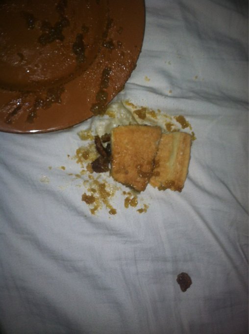 Spilled pie on my bed :( happy thanksgiving I just got done along gingerbread houses with my family and<a href="/tag/nowplaying"class="tags"><span>#nowplaying</span></a>