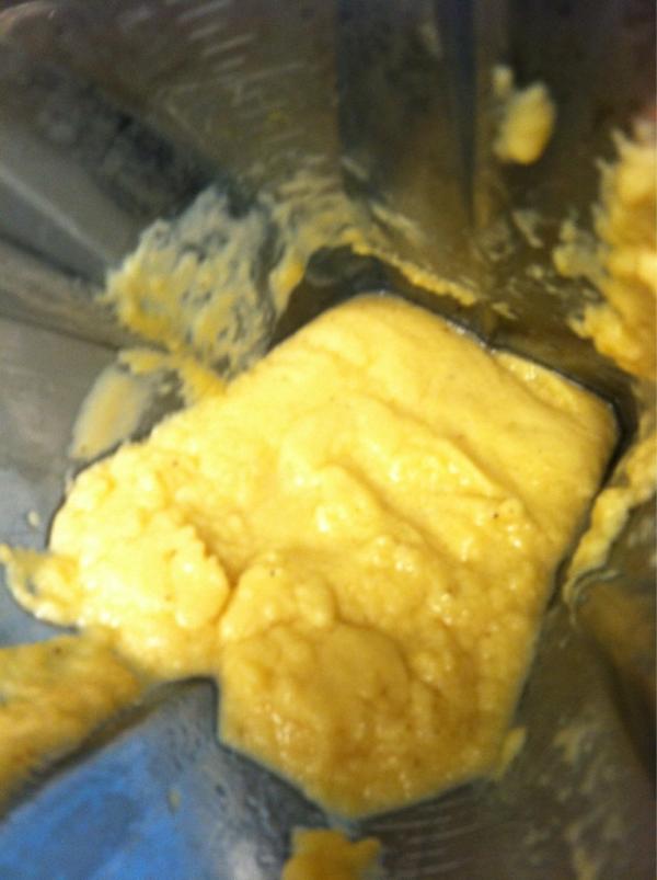 Working on a banana sorbet to go with my roasted yam pie-this is what happens when bananas are not ripe. Chalky, yuck!