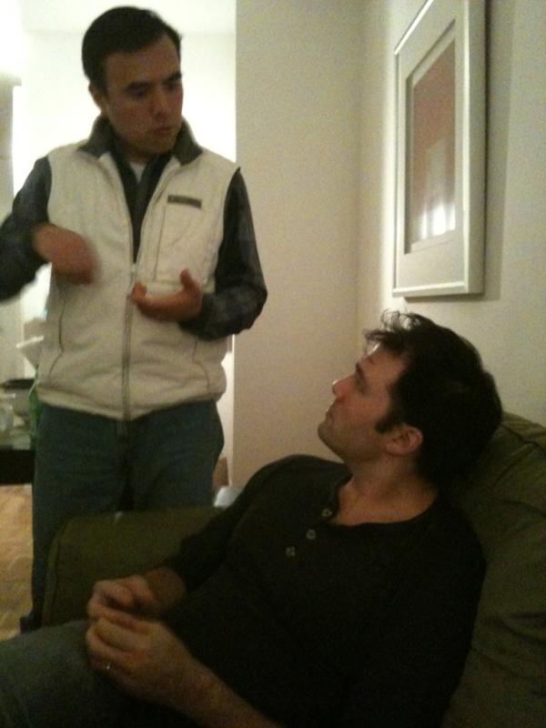 ChinglishCast's tweet photo. Larry & Brian discuss restaurant finance after delicious lamb/steak burgers topped with shitake mushrooms. ;) http://t.co/H8foLOk9