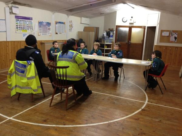 Scouts meeting local Police Community Support Officers towards their Community Challenge Award