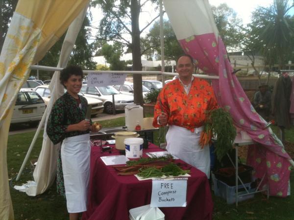 Performance food (you want juggled carrots with that stock?) with Geoffrey and Rhys) at the Bega SCPA markets.